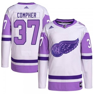 Youth J.T. Compher Detroit Red Wings Adidas Authentic White/Purple Hockey Fights Cancer Primegreen Jersey
