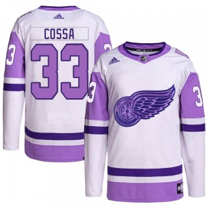 Youth Sebastian Cossa Detroit Red Wings Adidas Authentic White/Purple Hockey Fights Cancer Primegreen Jersey