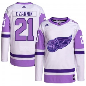 Youth Austin Czarnik Detroit Red Wings Adidas Authentic White/Purple Hockey Fights Cancer Primegreen Jersey