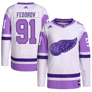 Youth Sergei Fedorov Detroit Red Wings Adidas Authentic White/Purple Hockey Fights Cancer Primegreen Jersey