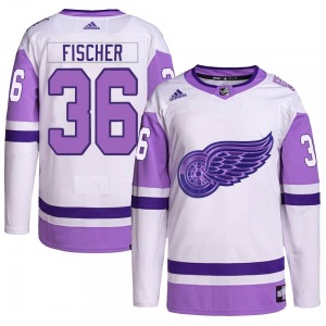 Youth Christian Fischer Detroit Red Wings Adidas Authentic White/Purple Hockey Fights Cancer Primegreen Jersey