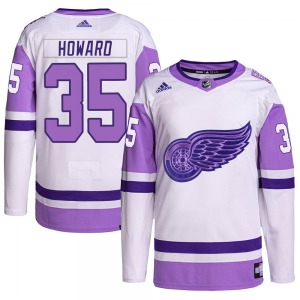 Youth Jimmy Howard Detroit Red Wings Adidas Authentic White/Purple Hockey Fights Cancer Primegreen Jersey