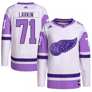 Youth Dylan Larkin Detroit Red Wings Adidas Authentic White/Purple Hockey Fights Cancer Primegreen Jersey