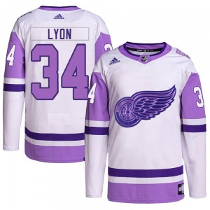 Youth Alex Lyon Detroit Red Wings Adidas Authentic White/Purple Hockey Fights Cancer Primegreen Jersey
