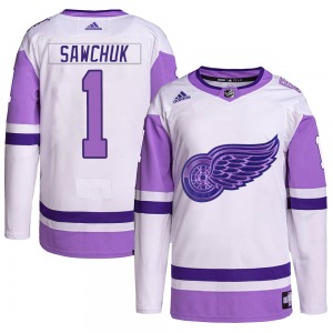 Youth Terry Sawchuk Detroit Red Wings Adidas Authentic White/Purple Hockey Fights Cancer Primegreen Jersey