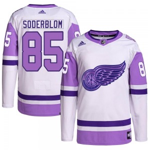 Youth Elmer Soderblom Detroit Red Wings Adidas Authentic White/Purple Hockey Fights Cancer Primegreen Jersey