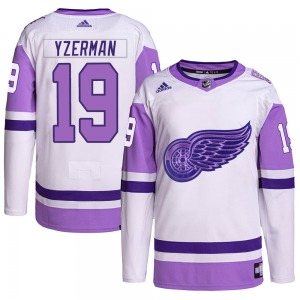 Youth Steve Yzerman Detroit Red Wings Adidas Authentic White/Purple Hockey Fights Cancer Primegreen Jersey