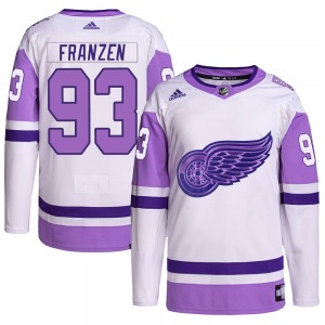 Johan Franzen Detroit Red Wings Adidas Authentic White/Purple Hockey Fights Cancer Primegreen Jersey
