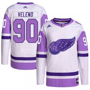 Joe Veleno Detroit Red Wings Adidas Authentic White/Purple Hockey Fights Cancer Primegreen Jersey
