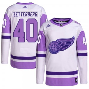 Henrik Zetterberg Detroit Red Wings Adidas Authentic White/Purple Hockey Fights Cancer Primegreen Jersey
