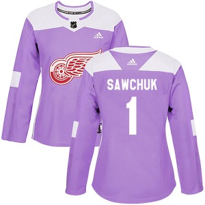 Women's Terry Sawchuk Detroit Red Wings Adidas Authentic Purple Hockey Fights Cancer Practice Jersey