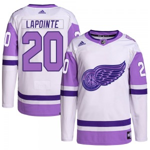Youth Martin Lapointe Detroit Red Wings Adidas Authentic White/Purple Hockey Fights Cancer Primegreen Jersey