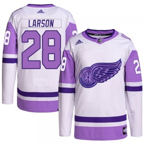 Youth Reed Larson Detroit Red Wings Adidas Authentic White/Purple Hockey Fights Cancer Primegreen Jersey