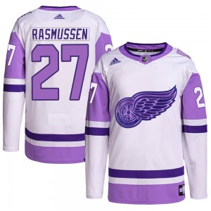 Youth Michael Rasmussen Detroit Red Wings Adidas Authentic White/Purple Hockey Fights Cancer Primegreen Jersey