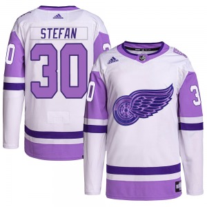 Youth Greg Stefan Detroit Red Wings Adidas Authentic White/Purple Hockey Fights Cancer Primegreen Jersey