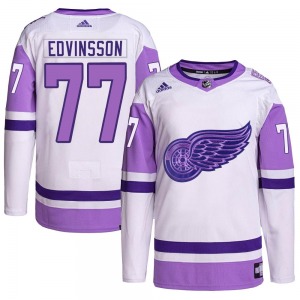 Simon Edvinsson Detroit Red Wings Adidas Authentic White/Purple Hockey Fights Cancer Primegreen Jersey